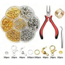 Juego de 7 piezas de accesorios de joyería compactos en oro & plata, incluye broche de langosta, broche de bolsa, anillos abiertos, tubo de posicionamiento, pinzas de joyería de punta afilada, anillos abiertos, adecuado para hacer pulseras, collares, cadenas de teléfono - Multicolor - Ver 7