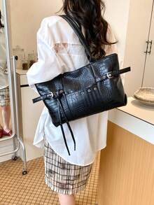 New Casual Crocodile Pattern PU Leather Large Capacity Handbag, Designed For Women, Fashionable And Minimalist, Solid Color, Zipper Closure, Suitable For Women's Shoulder Carry And Handheld Use, Women's Handbag - Black - View 1