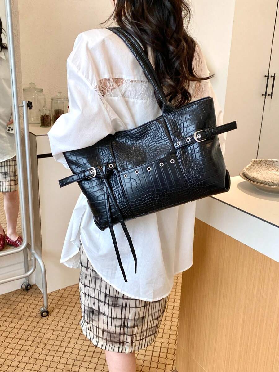 New Casual Crocodile Pattern PU Leather Large Capacity Handbag, Designed For Women, Fashionable And Minimalist, Solid Color, Zipper Closure, Suitable For Women's Shoulder Carry And Handheld Use, Women's Handbag - Black - View 1