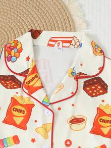 Tween Girl Cute Snack Print Button Front Long Sleeve Pajama Set, 2pcs Lapel Top & Pants Soft Sleepwear For Loungewear Spring Autumn Winter Home Outfit - Multicolor - View 3