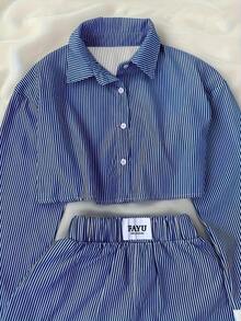 Women's Preppy Striped 2 Pieces Set, Short Long Sleeve Shirt With Elastic Waist Shorts, Suitable For Summer Elegant - Blue and White - View 5