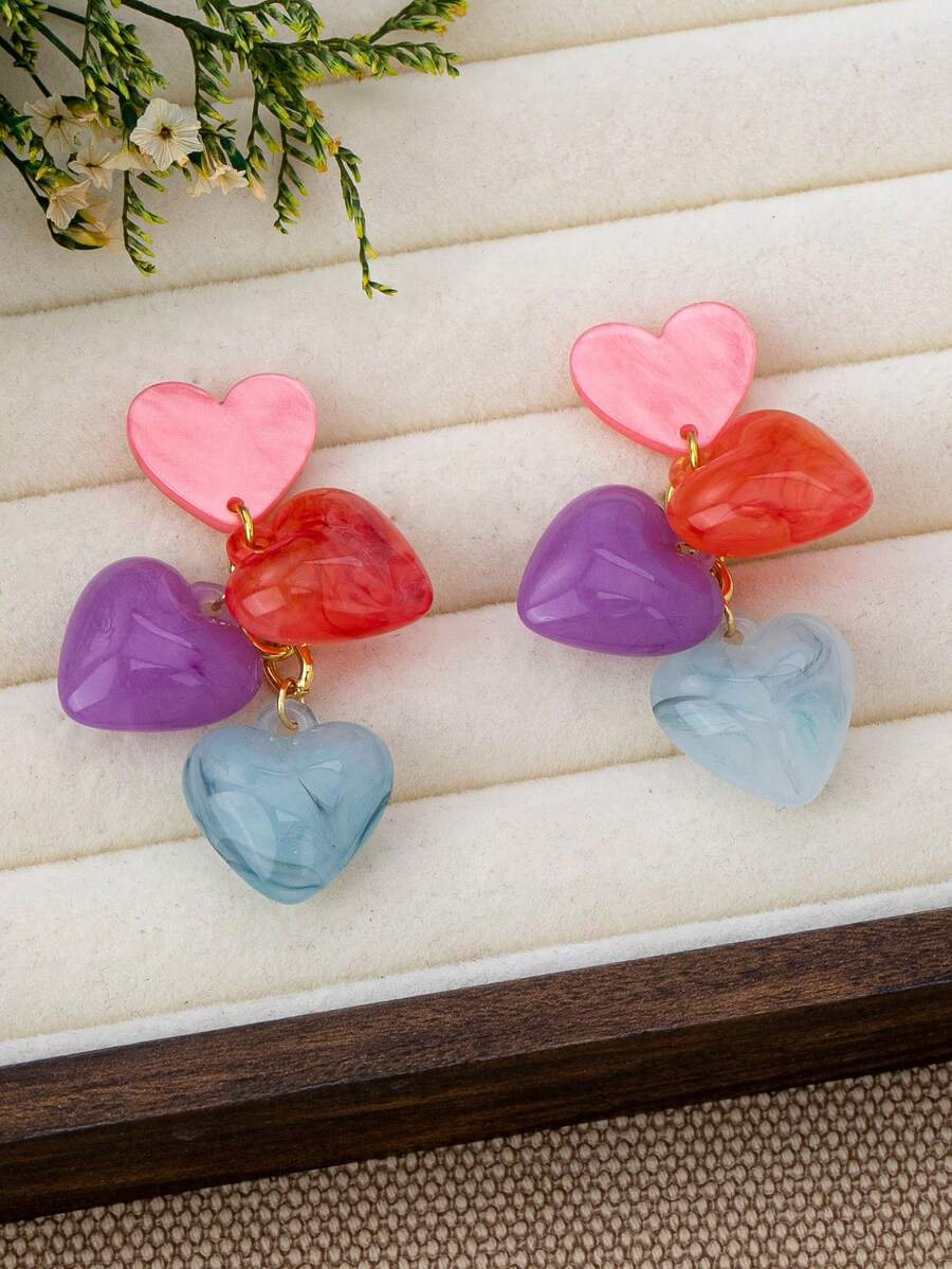 Pendientes Y2K de Acetato Marmoleado & Acrílico con Borla en Forma de Corazón 1 par, Pendientes Largos Colgantes de Corazón Multicolor Multicapa, Joyería Dulce de Chica Dopamina para Vacaciones - Multicolor - Ver 1