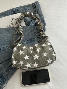 1pc Green Star Pattern Corduroy Baguette Shoulder Bag For Women, Pleated - Green - View 4