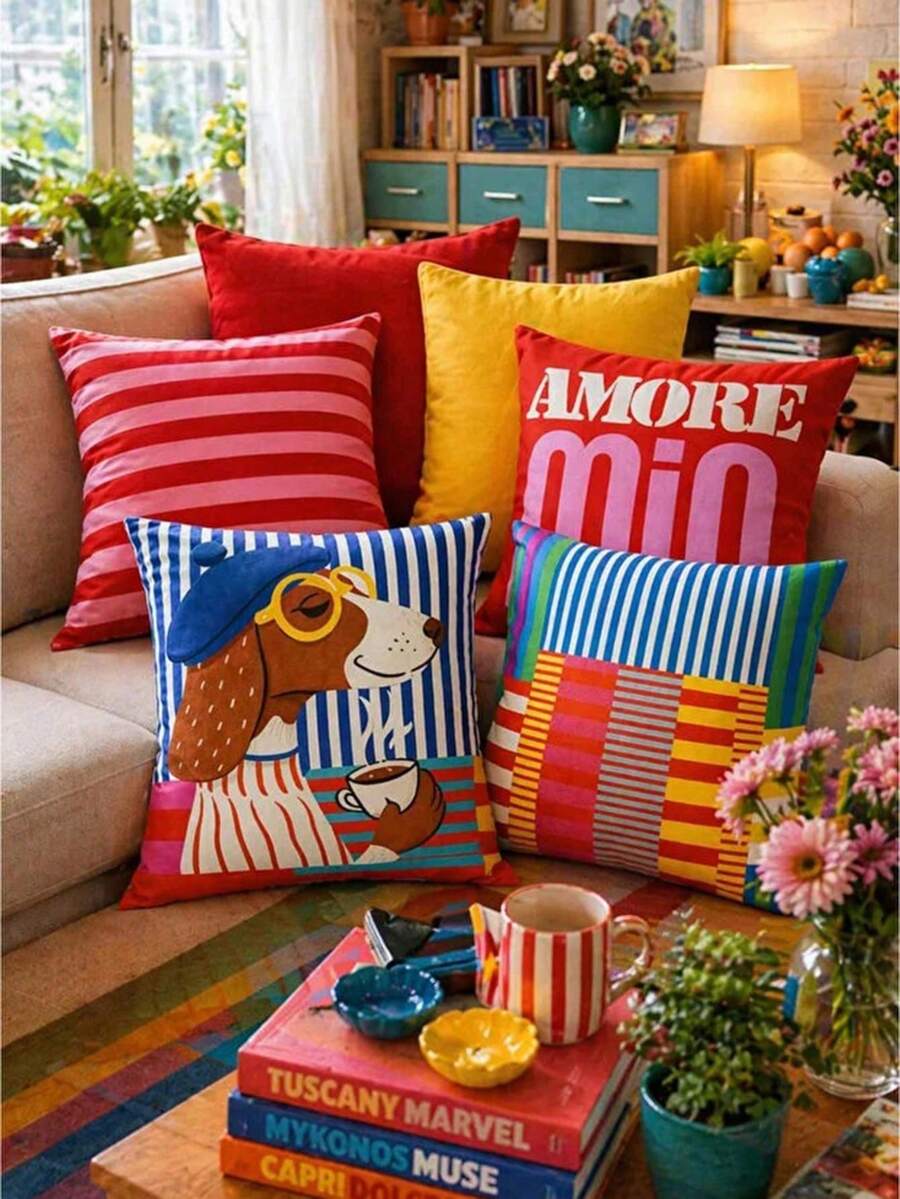 4pcs Vibrant Striped Dachshund Throw Pillow Covers, Retro Color Block Striped Cartoon Puppy Print Pillow Covers, Vibrant Maximalist Modern Art Decorative Pillow Covers, Suitable For Sofa, Bedroom And Home Decor (Pillow Insert Not Included) - Multicolor - View 1