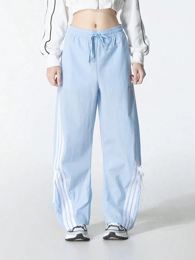 Adidas Women's Mid-Rise Tie-Waist Woven Dance-Style Bow Ribbon Straight Wide-Leg Striped Sweatpants - Baby Blue - View 1