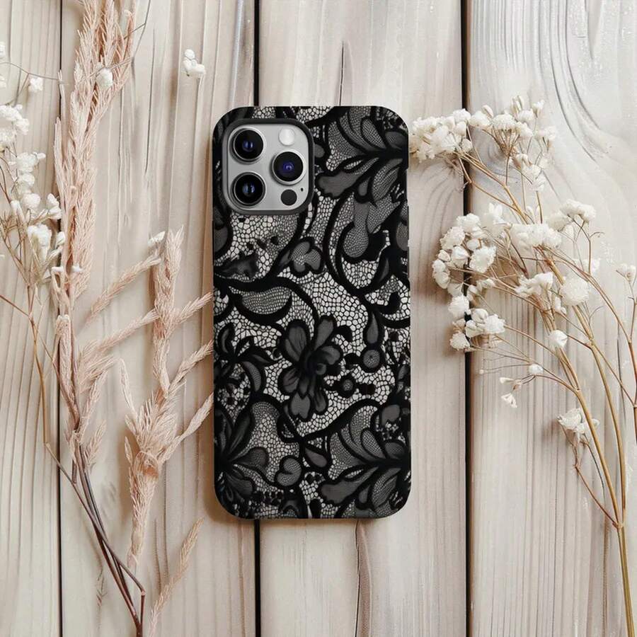 Elegant Black Lace Floral Phone Case, Double-Layer Protection - 白色 - 查看 1