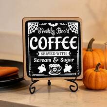 4pcs Halloween Fun Ghost Coffee Theme Wooden Desktop Decor, Vintage Black & White English Bar Tiered Tray Decorative Wooden Signs, No Base, Holiday Home Decor, Also Suitable As Gifts, 2D Flat - Ornament - View 5