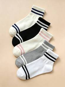 5 Pairs Women's Double Stripe Short Socks, College Style Casual Sports Socks, Comfortable Soft Daily Wear Socks - Multicolor - View 4