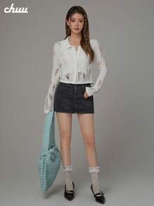 CHUU Hollow Out Lapel Long Sleeve Knit Cardigan Women Autumn Sweet Cool Basic Sheer Crop Top - White - View 5