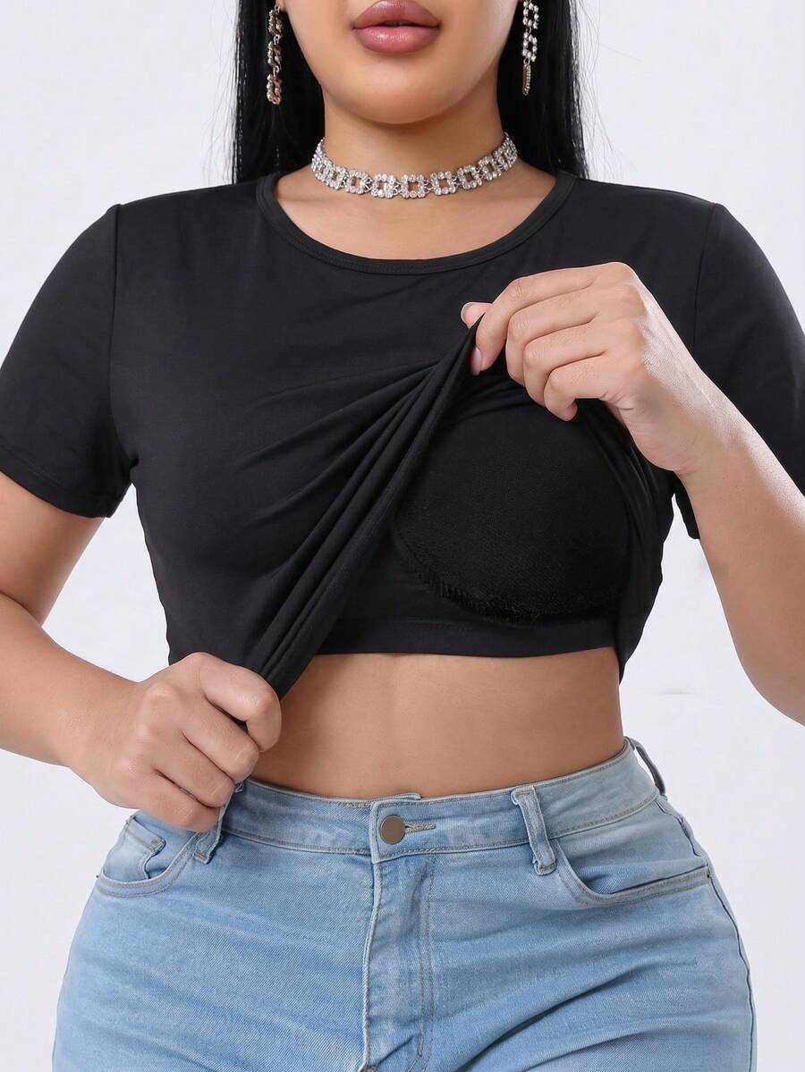 Women Curve Plus Size Basic Short Sleeve T-Shirt With Built-In Padded Bra, Multi-Scene Wear No Bra Needed Loungewear Sleep Layering Shirt - Black - View 1