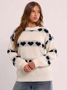 Heart Pattern Colorblock Knit Sweater For Women, Crew Neck, Loose Fit, Long Sleeves, White And Black, Casual Winter Outfits Pullover - White - View 2