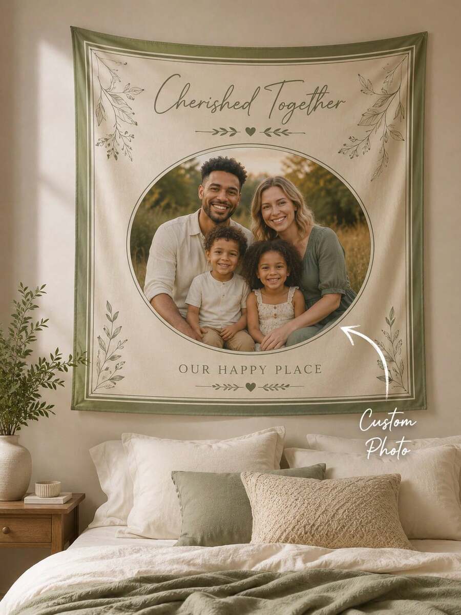 客製化照片家庭掛毯,可上傳照片,Cherished Together 植物風牆飾,綠色花卉聚酯纖維背景布,適用臥室、客廳,入厝、週年紀念、家庭慶祝,居家裝飾與有意義的禮物 - 彩色 - 查看 1