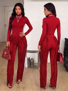 CALEBGAR Women's Sexy Two Piece Outfits Long Sleeve Fringe Pants Set Clubwear Going Out Birthday Party Night Outfits - 紅色 - 查看 3