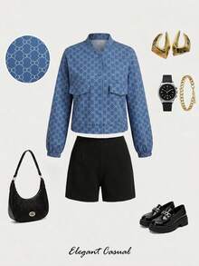 Women's Patterned Woven Fabric Jacket, Baseball Collar Long Sleeve Regular Fit, Button Decor, Casual Wear - Blue - View 4
