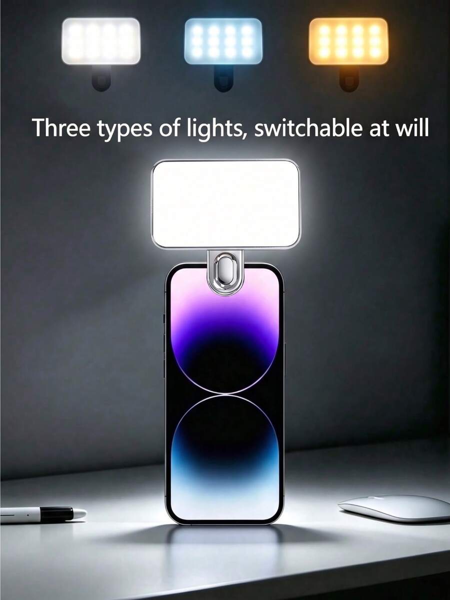 Baijun XU 1 pieza Luz Selfie LED, Luz de Clip Portátil Mini para Teléfono con 3 Modos de Iluminación, Adecuada para Maquillaje, Transmisión en Vivo, Videoconferencia, Luz de Clip Recargable para Teléfono/Cámara