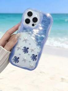 Cream Dopamine Wavy Ruffle Soft TPU Texture Creative Personalized Turtle Pattern Phone Case With DIY Star Wrist Strap Compatible With Galaxy S21 S22 S23 S24 S25 S26/Honor/ And Other Models - Clear - View 6