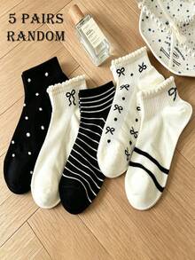 5 Pairs Random Women's Black And White Contrast Striped Polka Dot Bow Ruffle Mid-Calf Socks, Skin-Friendly Ribbed High-Elastic Fabric, Breathable And Sweat-Absorbing, Cute Sweet Style Mid-Calf Socks, Suitable For Students' Daily Commute And Home Use - Multicolor - View 7