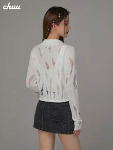 CHUU Hollow Out Lapel Long Sleeve Knit Cardigan Women Autumn Sweet Cool Basic Sheer Crop Top - White - View 3