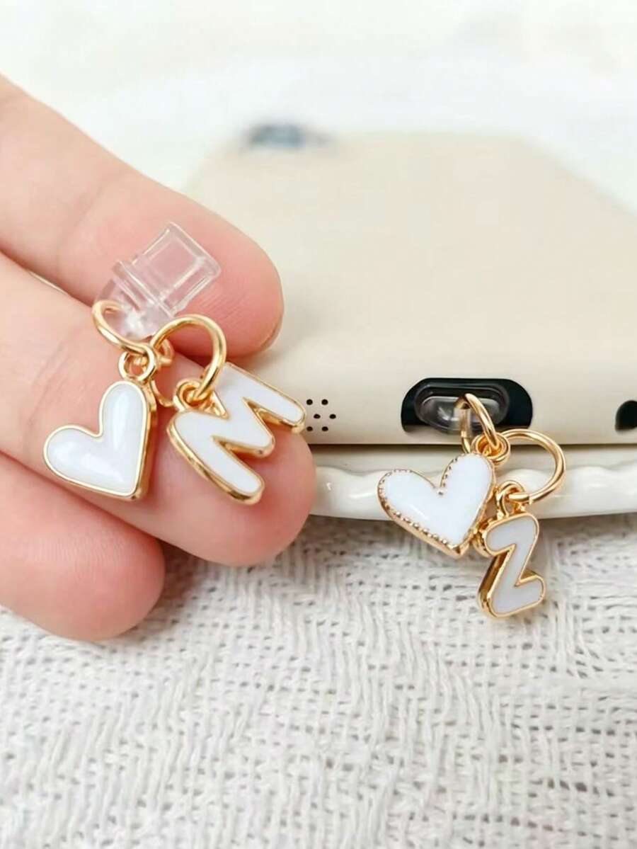 1pc White Heart-Shaped Phone Dust Plug, 26 Letters/Charging Port Dust Plug DIY Phone Decoration Suitable For Lightning (5-14)/Reader Type-C - White - View 1