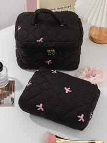 2 Buah Set Tas Kosmetik Wanita dengan Bordir Pita dan Pegangan, Tas Penyimpanan Perlengkapan Mandi Portabel untuk Perjalanan - MultiWarna - View 10