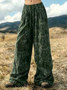 YI XUAN Women's Plus-Size Green Corduroy Wide-Leg Fall Trousers, Drawstring Waist With Pockets, Non-Stretch Loose Fit. - Army Green - View 3