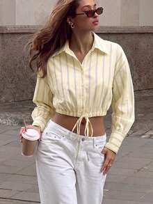Women's Yellow Striped Drawstring Short Blouse, Long Sleeve Front Button Top, Suitable For Women's Office Commute And Campus Wear, Summer Autumn Casual Style - Yellow - View 3