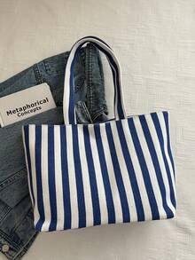 New Striped Tote Bag, Large Capacity Cute Girl Shoulder Canvas Handbag, Portable Mini Style, Canvas Material, Striped, Printed Decoration - Blue - View 5