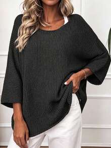 Plus Size Loose Solid Color 3/4 Sleeve Knit Sweater Black - Black - View 2