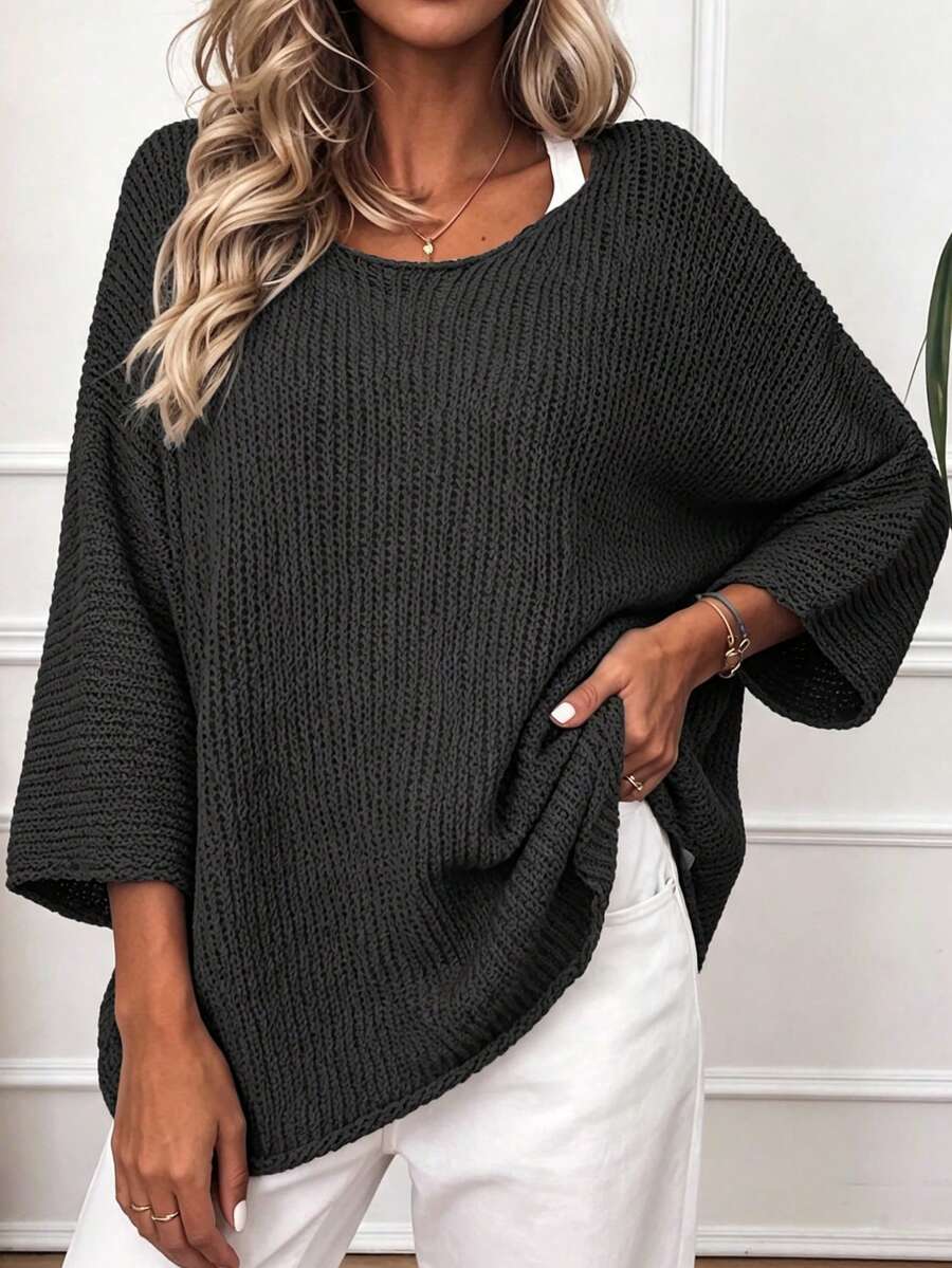 Plus Size Loose Solid Color 3/4 Sleeve Knit Sweater Black