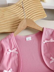 Girls' Spring/Autumn Casual Cute Bow Pink Long Sleeve Jacket With Pink Tank Top And Plaid Patchwork Dress 2 Pieces Set - Pink - View 3