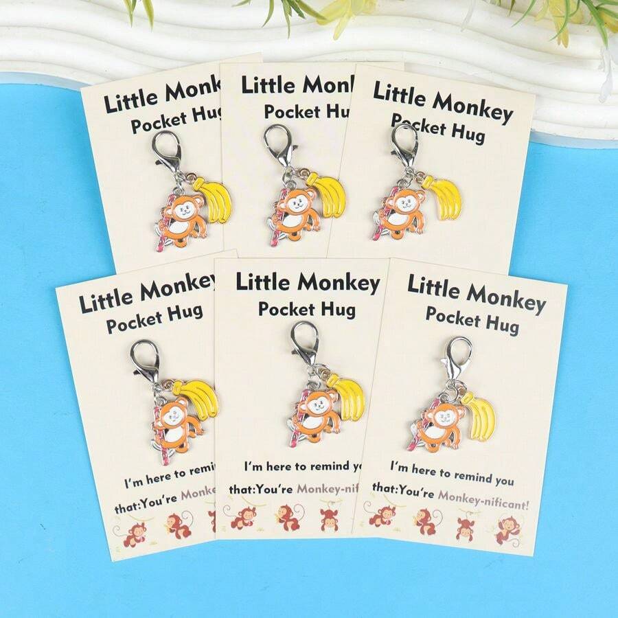 6pcs Cute Monkey And Banana Keychains With Inspirational Greeting Cards, Ideal Gift For Monkey Lovers, Suitable For Wallet, Backpack, Car Pendant, Birthday, Party, Anniversary, Reward Gift, Fun Pendant For Teenagers - Multicolor - View 1