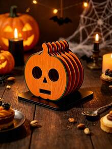 6pcs/1set Halloween Wooden Coasters With Base, 4 Styles Pumpkin Lantern Ghost Cat Skull Spider Web Coaster Set, Desktop Decor Drink Coasters, Farmhouse Style Halloween Home Kitchen Bar Decor - Multicolor - View 1