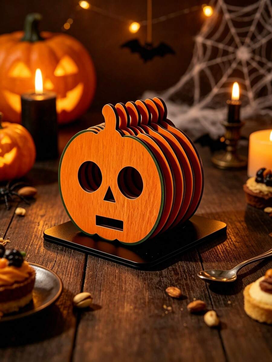 6pcs/1set Halloween Wooden Coasters With Base, 4 Styles Pumpkin Lantern Ghost Cat Skull Spider Web Coaster Set, Desktop Decor Drink Coasters, Farmhouse Style Halloween Home Kitchen Bar Decor - Multicolor - View 1