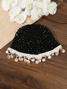 1PC Women Hollow Out Crochet Head Wrap With Seashell Metal Disc Knit Mesh Hair Turban,Bohemian Everyday Vacation Hair Hat For Travel Photoshoot Wear - Multicolor - View 11