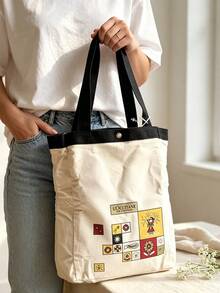 L'Occitane Cartoon Patch Canvas Tote Bag Snap Closure Cotton Shoulder Bag Large Capacity Beach & Daily Shopping Handbag Ladies Gift Bag LOCCITANE-GIFT-72 - White + Black - View 6