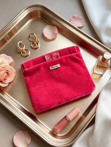 Miu Miu Vintage Rose Red Velvet Snap Button Makeup Bag, Portable Large Capacity Travel Organizer, Highly Attractive Personal Makeup & Skincare Storage Bag, Birthday & Anniversary Gift - Hot Pink - View 3