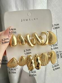 6 Pairs Minimalist Elegant Metal Earrings Set, Unique Personalized Versatile Gold Geometric C-Shaped Shell Twisted Stud Earrings, Suitable For Women's Daily, Holiday, Commute Wear - Six-piece Set B - View 5