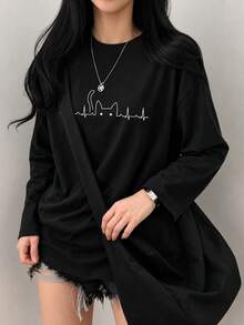Women's Fashion Autumn/Winter Loose Minimalist Versatile Cartoon Cat Print Long Sleeve T-Shirt - Black - View 3