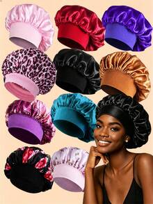 10pcs Set Assorted Solid Color & Leopard Floral Pattern Satin Sleep Caps, Soft Elastic Band Hair Wraps, Women's Wide Brim Smooth Satin Fashion Sleep Caps, Comfortable Breathable Hair Care Caps, Back To School Essential Hair Accessories - Multicolor - View 6