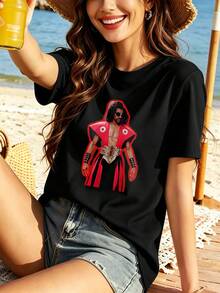 Women's Black Retro Graphic T-Shirt, 100% Cotton, Street Hip Hop Style, Comfortable, Durable, Graphic Design. - Black - View 1