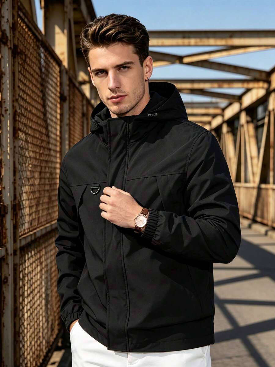Men's Plus Size Spring/Autumn Outdoor Casual Hooded Jacket, Suitable For Camping, Leisure And Other Activity Scenes - Black - View 1