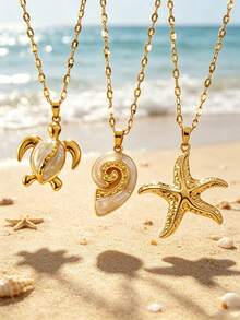 3/1 pieza Collar colgante de acero inoxidable estilo vacaciones costeras para mujer con diseño de vida marina, adecuado para uso diario, vacaciones en la playa o fiesta junto al mar - Amarillo Oro - Ver 1