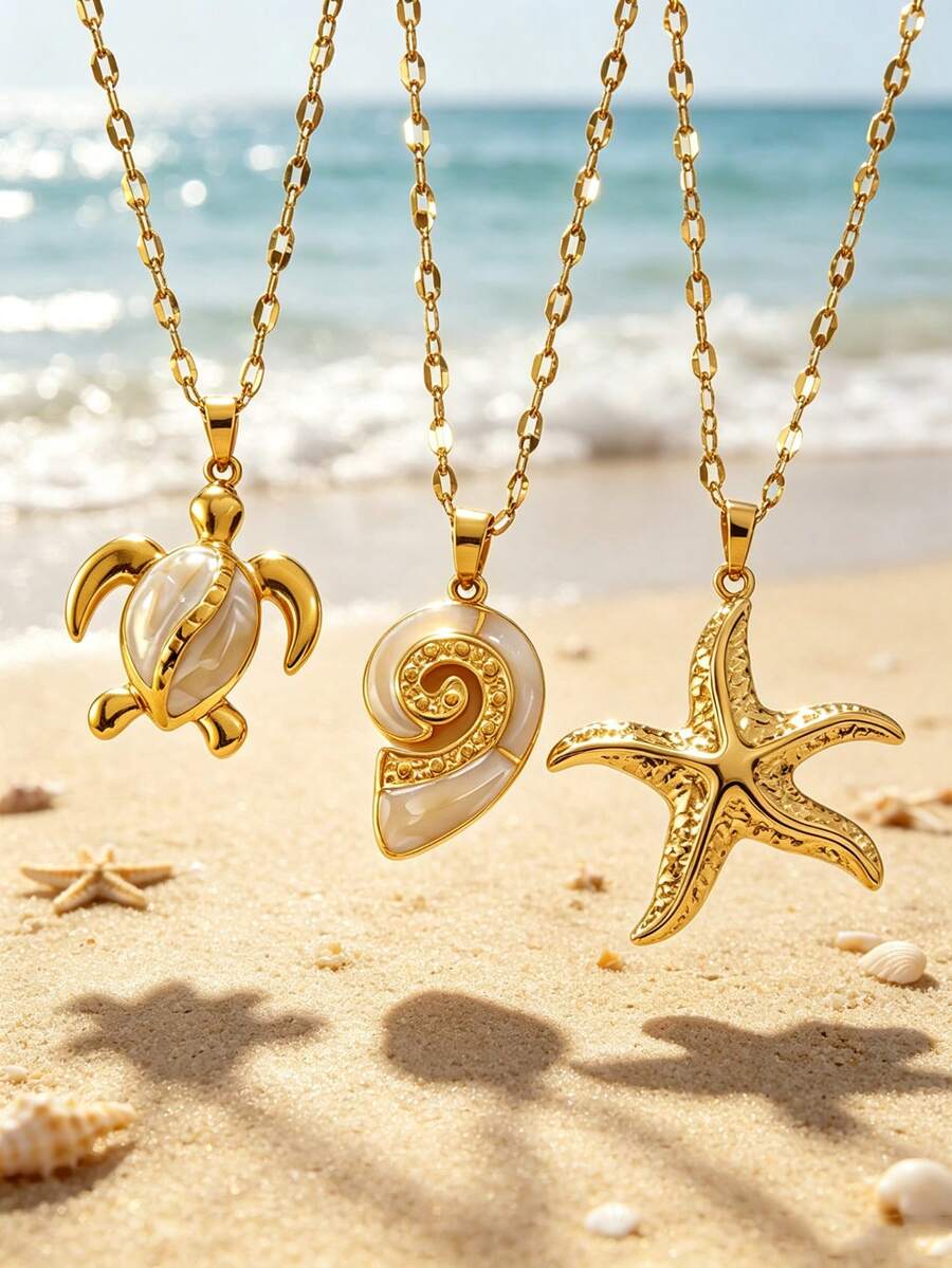 3/1 pieza Collar colgante de acero inoxidable estilo vacaciones costeras para mujer con diseño de vida marina, adecuado para uso diario, vacaciones en la playa o fiesta junto al mar - Amarillo Oro - Ver 1