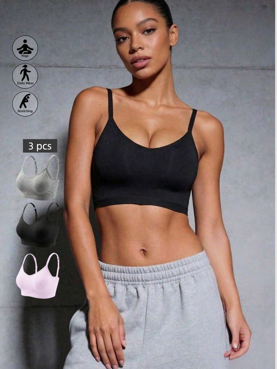 Runway Rest 3pcs/Set Women's Solid Color Adjustable Strap Comfortable Wireless Padded Camisole Bra Tops, Suitable For Sports, Sleep - Multicolor - View 1