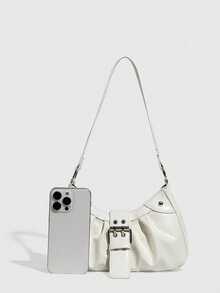 1pc Vintage Motorcycle Bag With Rivets And Buckles, Soft Touch, Folded Details, Cloud Shape, Shoulder Crossbody Bag, Suitable For Work, Commute, Date And Party - White - View 3