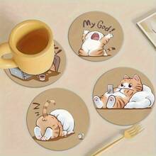 6pcs Cute Cat Print Wooden Coasters, Heat-Resistant Drink Coasters, Suitable For Coffee Cups, Tea Cups, Wine Glasses And Bottles, Wooden Coasters, Desktop Protection, Coffee Bar Decor, Kitchen Decor, Dining Table Accessories And Housewarming Gifts - Multicolor - View 8