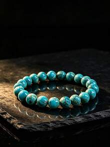Natural South African Turquoise Round Bead Elastic Bracelet, Healing Crystal Protective Gemstone Bracelet For Calming Throat Chakra, Spiritual Unisex Jewelry Gift - Turquoise - View 2