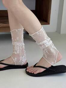 1/2 Pairs Y2K Hot Girl Lace Ruched Socks, Sexy Sheer Rose Jacquard Leg Warmers - Multicolor - View 5
