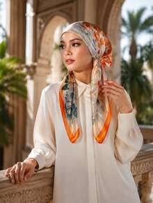 1PC Women's Orange Floral Pattern Easy-To-Wear Headscarf, Printed Satin Elastic Headwrap, Easy To Put On - Orange Floral - View 1