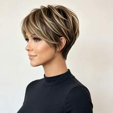 Women's Human Hair Short Wig, Brown With Gold, Style, Layered, With Bangs, No Glue No Front Band, Fully Machine Woven, Easy To Wear - Multicolor - View 5